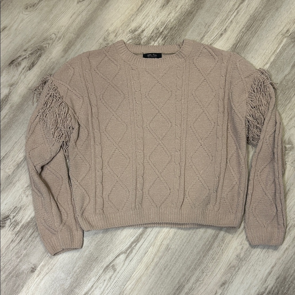 Witty Fox Cozy Tan Fringe‎ Detail Cable Knit Long Sleeve Sweater Elevated Basics